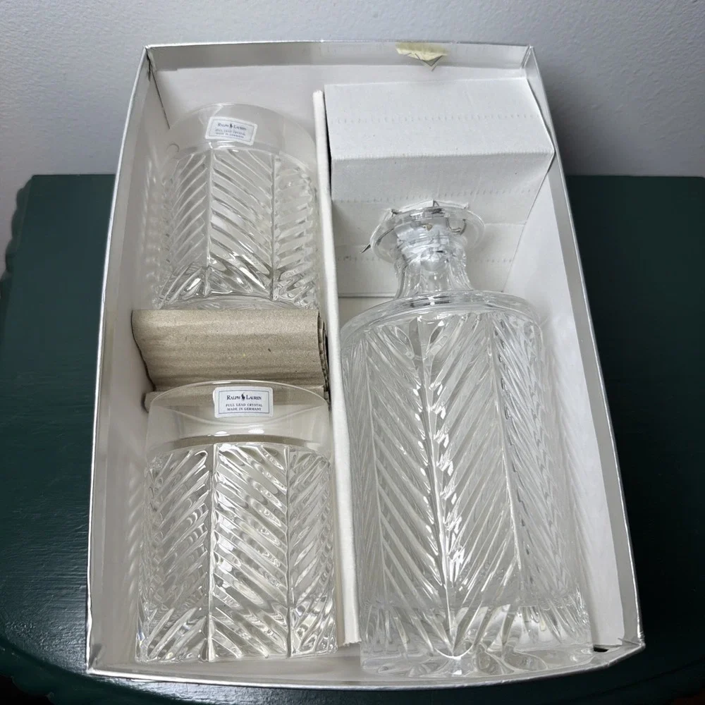 Vintage Ralph Lauren Herringbone Cut Crystal Decanter & 2 High Ball Glasses NEW
